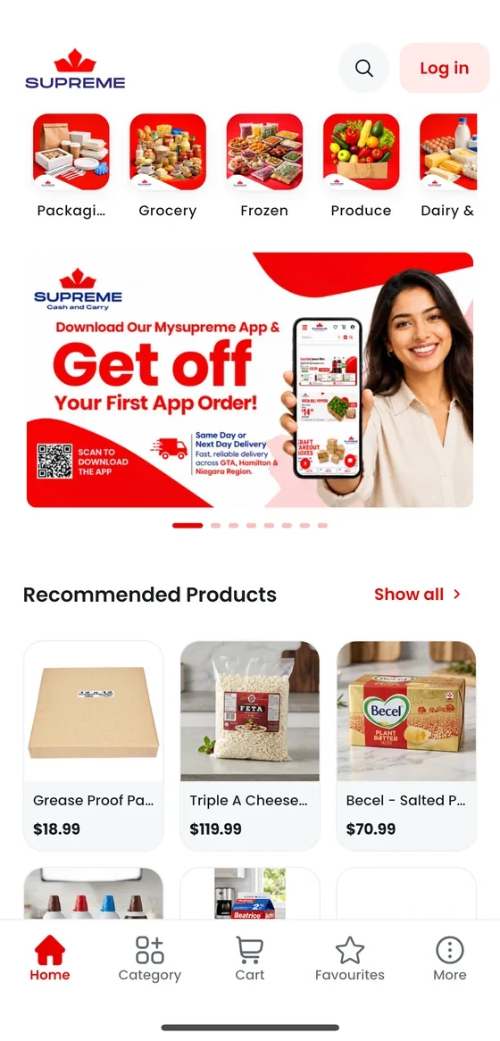 MySupreme home with categories, a promo banner and recommended products