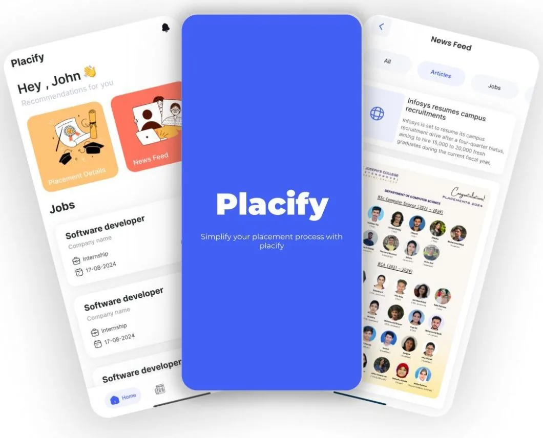 Three Placify screens: home with recommendations and jobs, the splash screen, and the news feed